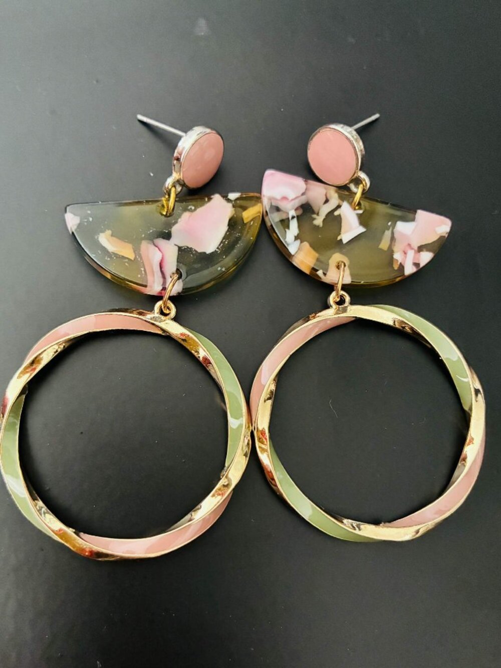 Pink Marble Acrylic Chunky Earrings: Mid-Century Modern Style, large earrings